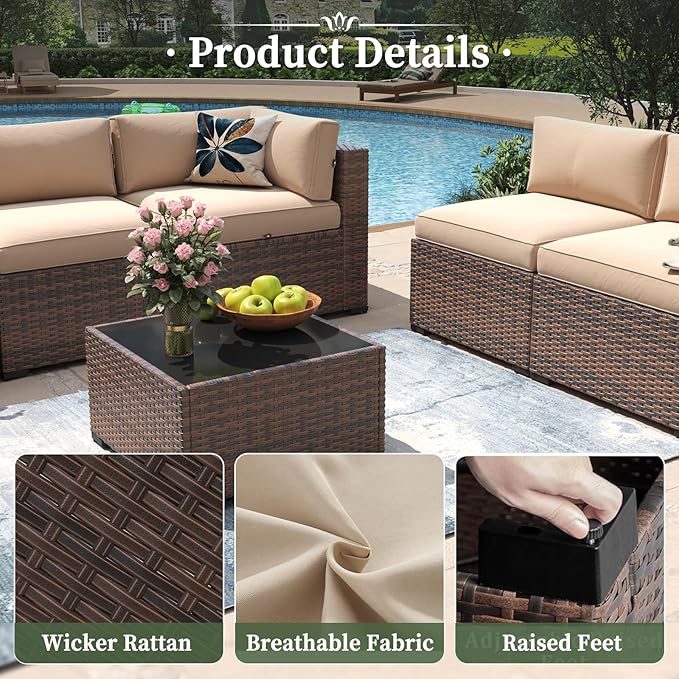 Aoxun 7 Piece Patio Furniture Set Wicker Rattan Patio Conversation Set Outdoor Sectional Sofa Set with Coffee Table and Thickened Cushions, Beige (Waterproof Cover Included)