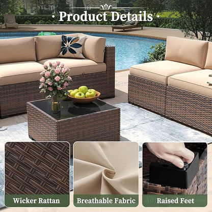 Aoxun 15 Piece Patio Furniture Set with 44” Fire Pit Table Wicker Rattan Outdoor Sectional Sofa Set with Coffee Table and Thickened Cushions, Beige (Waterproof Cover Included)