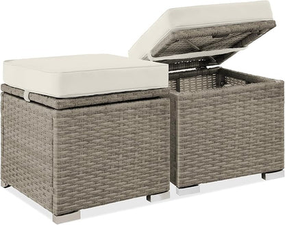 Best Choice Products Set of 2 Wicker Ottomans, Multipurpose Outdoor Furniture for Patio, Backyard, Additional Seating, Footrest, Side Table w/Storage, Removable Cushions - White Sand/Taupe