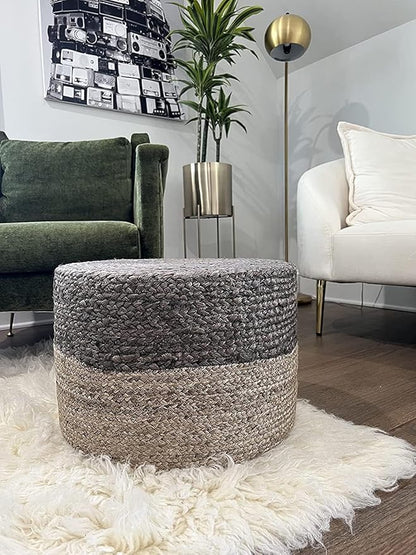 S & L Homes Pouf Ottoman - 100% Jute Braided Footrest Pouf Hand Knitted Traditional Cord Boho Pouffe for Living Room, Bedroom, Nursery, Patio, Lounge Colorblock - Natural Brown (20”x20”x10”)
