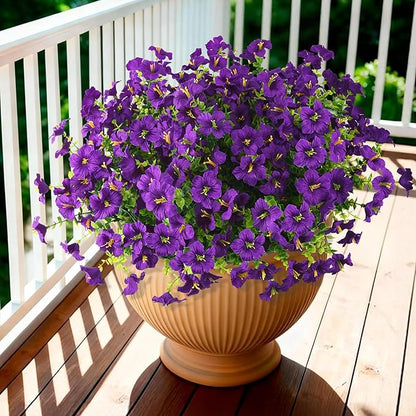 INQCMY Artificial Fake Petunias Flowers for Outdoors Spring Decoration, 12 Bundles Faux Flower Plants UV Resistant Purple Realistic Silk Flower for Outside Planters Patio Porch Yard Window Box