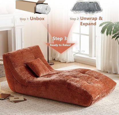 Chaise Lounge Chair with Curved Back, Modern Upholstered Recliner Sofa, Tufted Accent Lounger Comfortable Lazy Chair for Bedroom, Apartment (Orange)