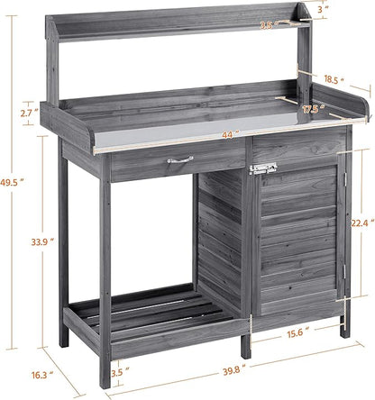 Yaheetech Outdoor Potting Bench Table, Garden Workstation w/Metal Tabletop/Cabinet Drawer/Open Top/Lower Shelf/Handy Hooks for Horticulture,Gray