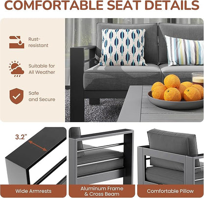 Solaste Aluminum Patio Furniture Set with 55" Fire Pit Table, 7 Seats Metal Outdoor Furniture with Water-Resistant Cushions, Modern Patio Conversation Set for Balcony, Front Porch, and Backyard, Grey