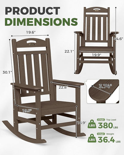 Outdoor Rocking Chair, Brown, 30-Inch High Back, 380 lb Capacity