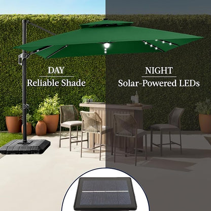 Best Choice Products 12x12ft LED Cantilever Patio Umbrella w/Base Included & 360° Rotation, Large Solar Offset Hanging Outdoor Sun Shade for Deck, Backyard Table w/Stand & Lights – Green