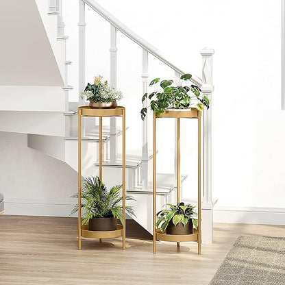 Metal Gold Tall Plant Stand Indoor or Outdoor - 30 inch 2 Tier Modern Corner Planter Shelf Rack with 2 Removable Display Shelves(10 inch) for Bedroom Living Room Balcony