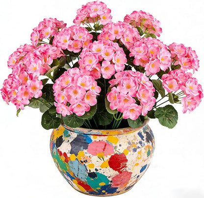 Artificial Geraniums Flowers for Outdoors, 6 Bundles Realistic Silk Fake Geranium, No Fade Faux Plants for Hanging Baskets, Window Boxes, Pots - Porch, Patio, Garden Decor(Pink)