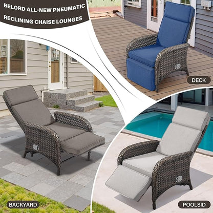Belord Versatile Outdoor Recliner Chair Set of 3 - Reclining Patio Chair with Adjustable Backrest and Footrest, All-Weather Wicker Chaise Lounge Chair Outdoor with Side Table for Pool Deck Brown