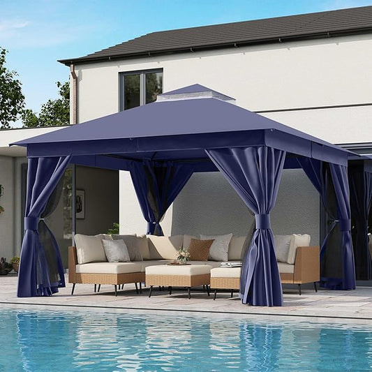 LAUSAINT HOME Semi-Permanent Outdoor Patio Gazebo 12'x12', Heavy Duty Party Tent Shelter with Double Roofs, Mosquito Nettings and Privacy Screens for Backyard, Garden, Lawn, Navy Blue