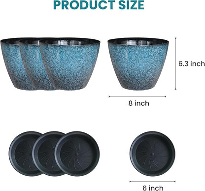 8 inch Plant Pots, Pack of 4 Plastic Planter for Indoor Outdoor Plant with Drainage Holes and Saucers, Flower Pots for Garden Home Decor (Blue, 4pcs)