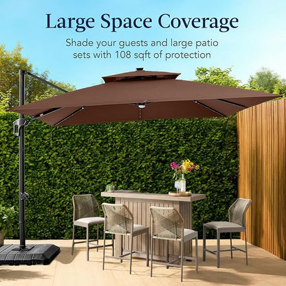 Best Choice Products 9x12ft LED Cantilever Patio Umbrella w/Base Included & 360° Rotation, Large Solar Offset Hanging Outdoor Sun Shade for Deck, Backyard Table w/Stand & Lights – Brown