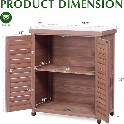 Outdoor Storage Cabinet & Potting Bench Table with Metal Top, Wooden Patio Furniture, Garden Workstation (Dark Brown, 36x31x17in)