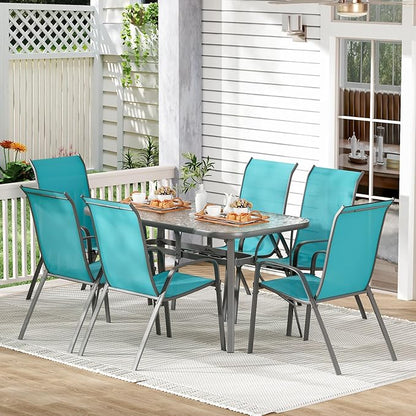 TLSUNNY 7 Pieces Patio Dining Set, Outdoor Table and Chairs W/1.69″ Umbrella Hole, 30"X 55" Table and Stackable Textilene Chair, All Weather Patio Furniture Set (Umbrella not Included)
