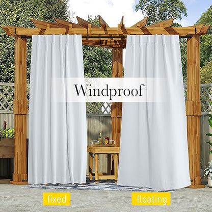 NICETOWN Blackout Outdoor Curtains for Patio Windproof 2 Panels Top & Bottom Pocket & Back Tab, Thermal Fixed Waterproof Safe Drapes Keep Privacy for Yard/Porch, Greyish White, W52 x L95