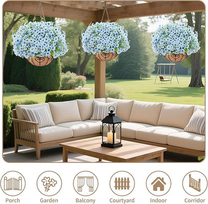 Artificial Hanging Flower for Outdoors, Fake Hanging Basket for Outside,1 Hanging Basket with 13 Pcs Faux Silk Flowers for Porch, Balcony and Patio Decor(Blue)