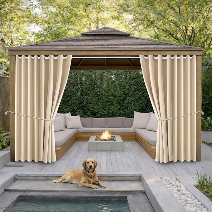 DIVA EN CAMINO DEC Waterproof Outdoor Curtain W105 x L95 - Grommet Top Sunlight Blocking Window Treatment Drapes Blackout Curtains for Home Bedroom Living Room Pergola Cabana Gazebo (Beige)