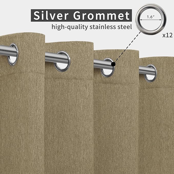 Easy-Going Linen Look Outdoor Curtains Waterproof Windproof Porch Curtains, Soft Thicken Outdoor Privacy Curtains for Patio, Gazebo, Grommet Top and Tab Bottom Drape, 1 Panel, 110x120 inch, Khaki