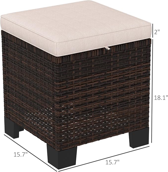 Outsunny 2 Pieces Outdoor Patio Ottomans, All Weather Wicker Outdoor Footstools with Removable Cushions, 3-in-1 PE Rattan Ottoman Seat, Footrest and Side Table for Backyard, Poolside, Cream White