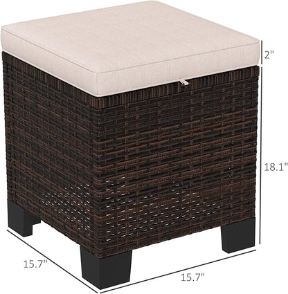 Outsunny 2 Pieces Outdoor Patio Ottomans, All Weather Wicker Outdoor Footstools with Removable Cushions, 3-in-1 PE Rattan Ottoman Seat, Footrest and Side Table for Backyard, Poolside, Cream White