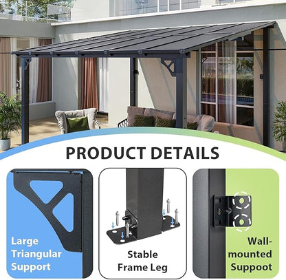 Aoxun 12'x 10' Premium Gazebo with Aluminum Top Frame & Polycarbonate Panel, Wall Mounted Gazebos Pergola, Outdoor Patio Lean to Gazebo, Awnings with Sloped Roof, for Backyard, Porch, Deck