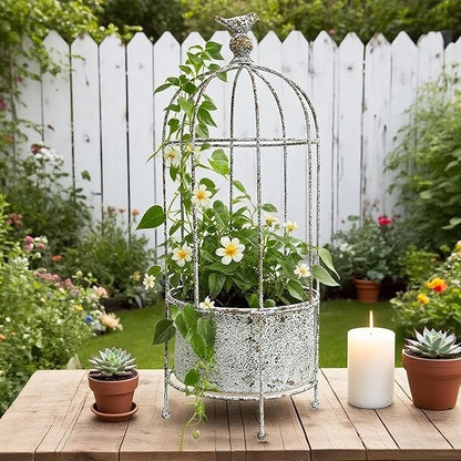 Planter Metal Birdcage Stand in White, 21.7 Inches Tall