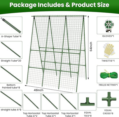 Cucumber Trellis for Raised Bed 48" L x 64" H, 16mm Heavy-Duty Metal A-Shape Arch Trellis, Outdoor Climbing Plant Support for Tomato Pea Zucchini Grape Flowers, Vertical Garden Vegetable Trellis
