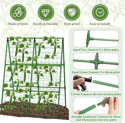 Cucumber Trellis for Raised Beds, 31 X 47 Inch Adjustable Size A-Frame Garden Trellis for Climbing Plant Outdoors with Climbing Net and Plant Support Clip for Vegetable Grape Tomato Garden Supplies