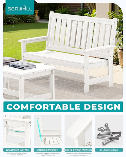 SERWALL Outdoor Bench with Cup Holder, 58" HDPE Garden Park Bench Suitable for 3 Person, All Weather Patio Benches with High Backrest and Wide Armrests for Garden, Park, Yard, Front Porch, White