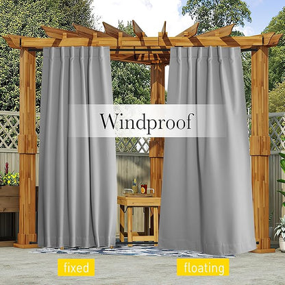 NICETOWN 2 Panels Outdoor Curtains Waterproof Pocket & Back Tab on Top & Bottom, Thermal Insulated Windproof Sun Blocking Outside Privacy Drapes for Patio with Fixed Rope, W52 x L95, Silver Gray