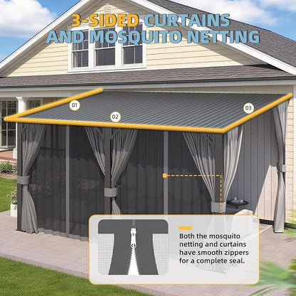 AECOJOY 16'x10' Outdoor Hardtop Gazebo Pergola with Curtains and Netting for Patio, 10x16 Large Steel Heavy Duty Lean to Wall-Mounted Pergolas and Grill Gazebos Clearance, Metal Roof Awnings for Decks