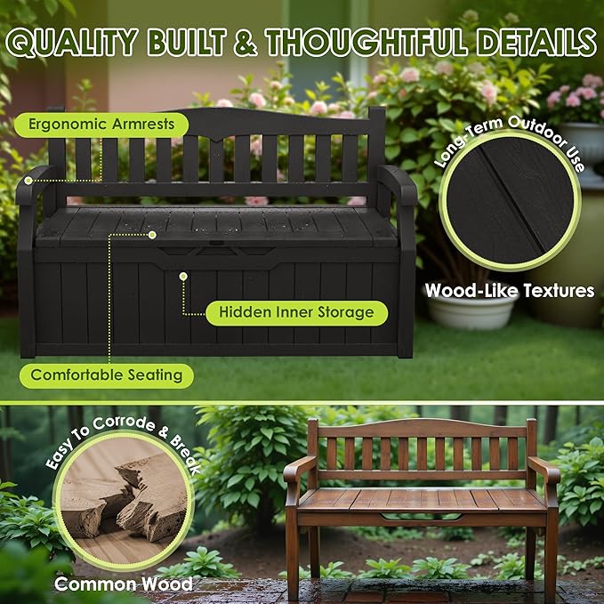 Bench with 80-Gallon Hidden Storage, Resin Build, Dark Black