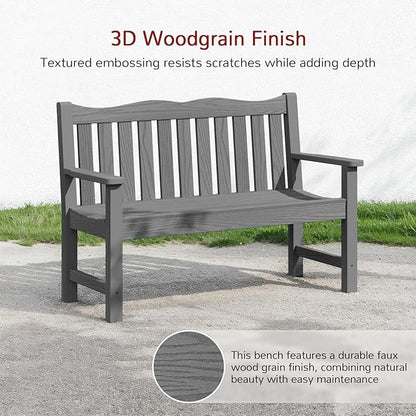 Stoog Outdoor Bench, 2-Person Garden Benches for Outdoors, Waterproof HIPS Patio Bench with 800 lbs Weight Capacity, Never Rot or Fade, Grey
