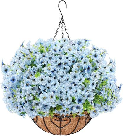 Artificial Hanging Flower for Outdoors, Fake Hanging Basket for Outside,1 Hanging Basket with 13 Pcs Faux Silk Flowers for Porch, Balcony and Patio Decor(Blue)