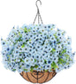 Artificial Hanging Flower for Outdoors, Fake Hanging Basket for Outside,1 Hanging Basket with 13 Pcs Faux Silk Flowers for Porch, Balcony and Patio Decor(Blue)