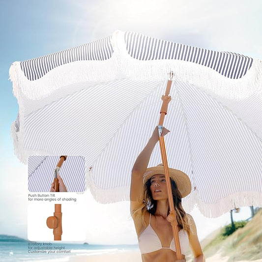 Beach Umbrella with Fringe & Sand Anchor, 7ft