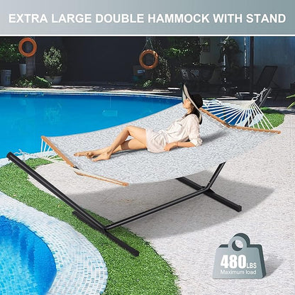 Two Person Hammock with Stand for Outside Heavy Duty, Outdoor Patio Hammock with Portable Steel Stand, Large Double Hammocks with Quick Dry Textilene Fabric,480lbs Capacity.(Grey White)