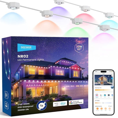 NEEWER 96ft Permanent Outdoor Lights for House Decor, Smart AI RGBCW Outside Eaves String Christmas Lighting with 60 LED Lights App Control 50+ Scenes IP65 Waterproof, Compatible with Alexa, NR02