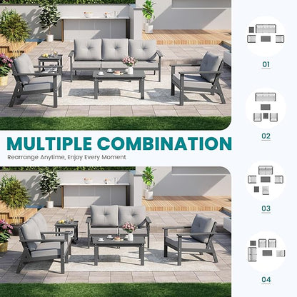 7-Piece HDPE Patio Furniture Set, Outdoor Sectional Sofa Set,All Weather Outdoor Couch with Dust-Free Cushions, Durable Patio Conversation Sets for Balcony, Porch, Gray