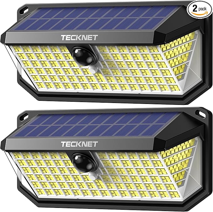 TECKNET 416 LED Solar Lights Outdoor Waterproof, 300° Angle & 3 Lighting Modes Motion Sensor Outdoor Lights, 2 Pack Solar Powered Flood Wall Lights IP66 for Home Patio Fence Yard Deck Garage Street