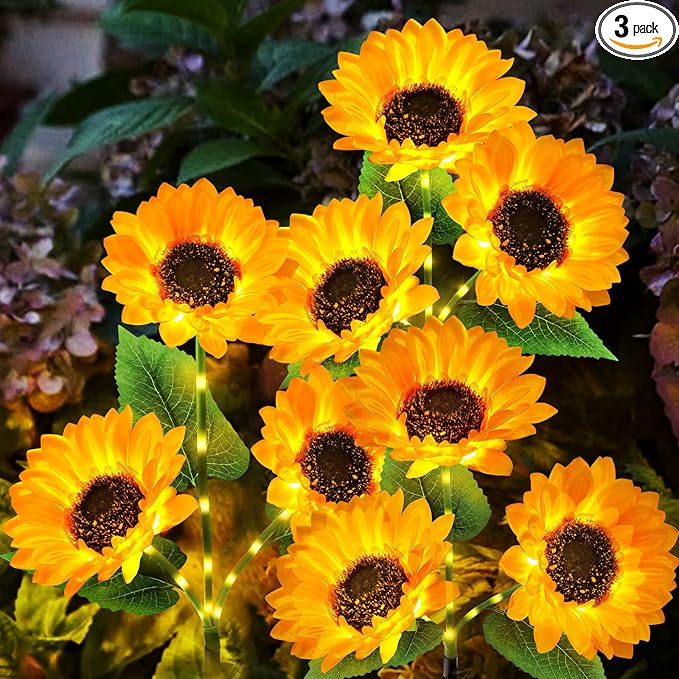 KOOPER Solar Lights Outdoor Decor - Upgraded 3 Pack Solar Garden Lights with 9 Sunflower Lights, Waterproof Solar Outdoor Lights Auto ON/Off Solar Decorative Lights for Garden, Patio, Yard