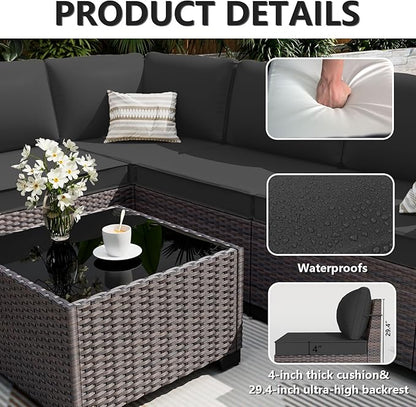 ALAULM 12 Pieces Patio Furniture Set Outdoor Sectional Sofa Brown PE Rattan Patio Conversation Set w/10 Seat Cushions and 2 Coffee Tables-Elegant Black