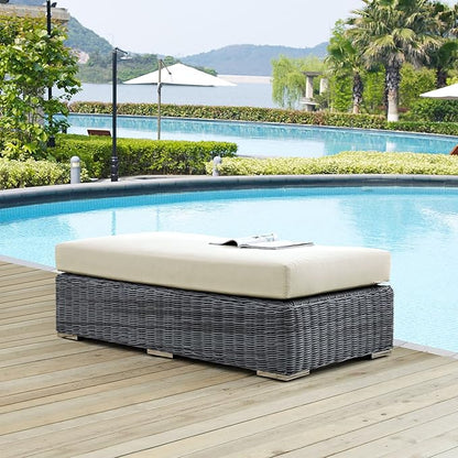 Modway Summon Wicker Rattan Outdoor Patio Sunbrella® Fabric Rectangle Ottoman in Canvas Antique Beige