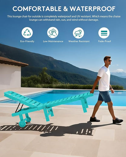 SERWALL Outdoor Chaise Lounge Set of 6, HDPE Pool Lounge Chair with 5-Position Adjustable Backrest, Patio Lounger with Rolling Wheels & Cup Holder for Pool, Aruba