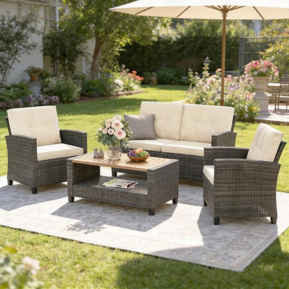 Wisteria Lane 4 Piece Patio Furniture Set, Wicker Outdoor Patio Conversation Furniture Set, All Weather Outdoor Patio Sofa with Cushion and Wood Table, Beige Wood