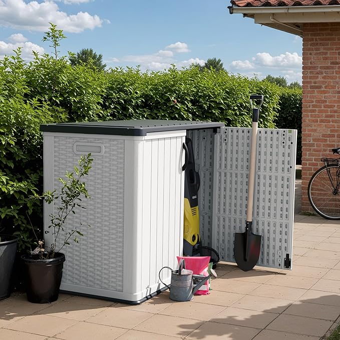 Storage Shed, 26 Cu Ft White Resin Cabinet with Magnetic Door Closure