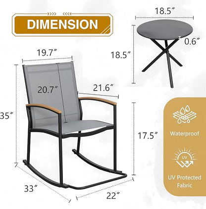 Shintenchi 3 Piece Outdoor Rocking Bistro Set, Textilene Fabric Small Patio Furniture Set, Front Porch Rocker Chairs Conversation Set with Table for Lawn, Garden, Balcony, Poolside (Light Gray)