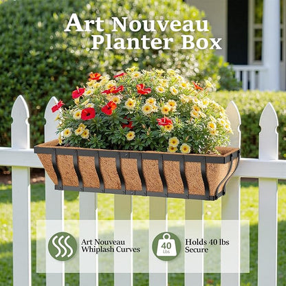 Railing Planter Boxes, Heavy Duty Window Box Planters, Adjustable Balcony Planters for Railing Hanging, with Coco Liner & Support Rod for Deck, Porch, and Patio Gardening (3 Pack, 30 Inch)