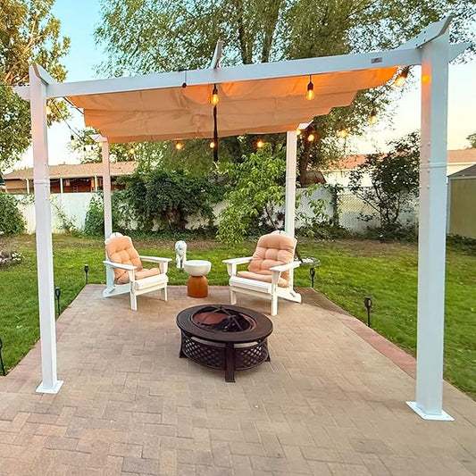 PURPLE LEAF 10' x 10' Outdoor Aluminum Pergola White Heavy-Duty Retractable Pergola Patio Metal with Double Sun Shade Canopy for Gardens Deck Backyard, Khaki