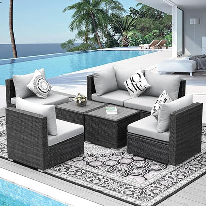 NICESOUL 7 Pieces Comfy 29.3'' High Back Outdoor Furniture Sofa Set, Extra Large Size Grey PE Wicker Patio Modular Sectional with Side Tables, All-Weather Rattan Conversations for Backyard Deck,Gray